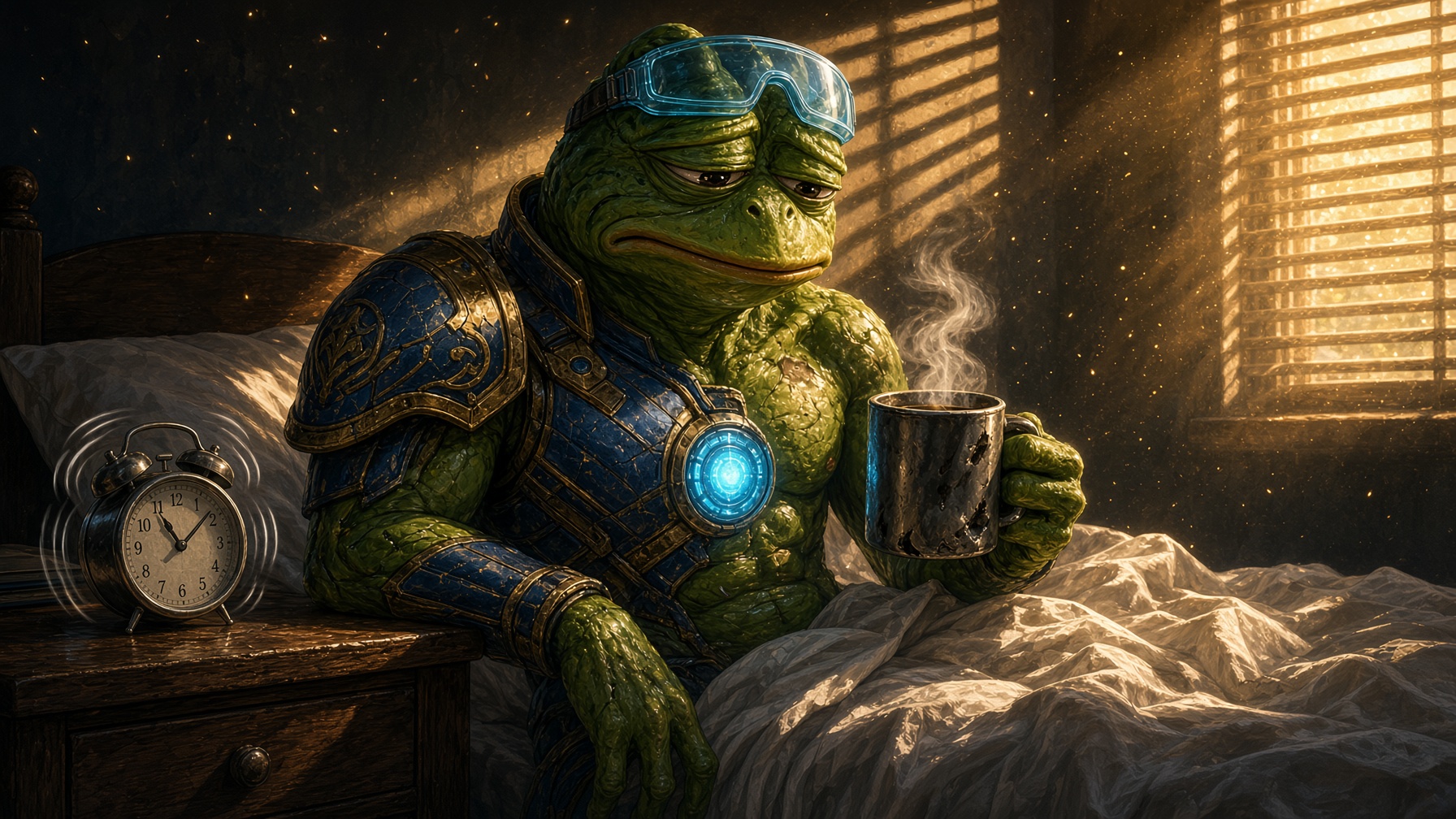 Armored frog who woke up late: visor on his forehead, coffee in hand, alarm still ringing